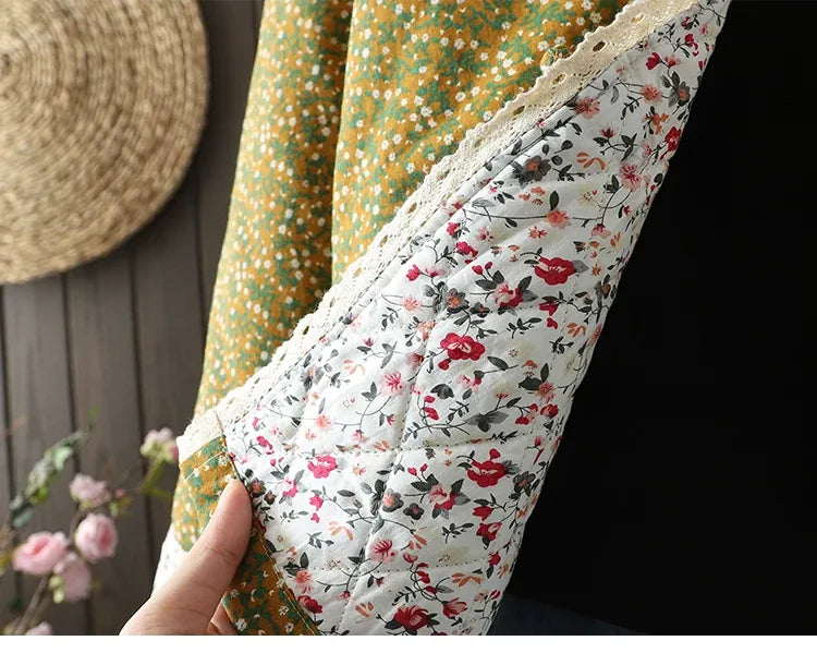 Retro Micro Floral Frog Button Padded Jacket