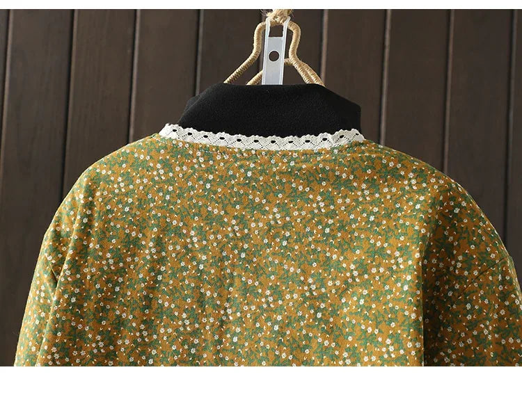 Retro Micro Floral Frog Button Padded Jacket