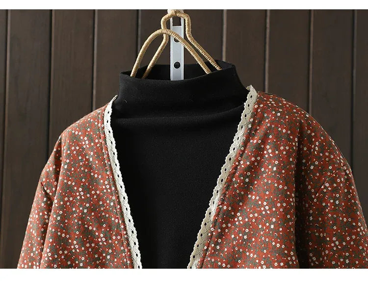 Retro Micro Floral Frog Button Padded Jacket
