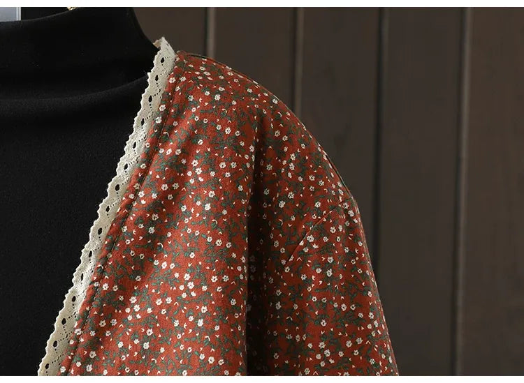 Retro Micro Floral Frog Button Padded Jacket