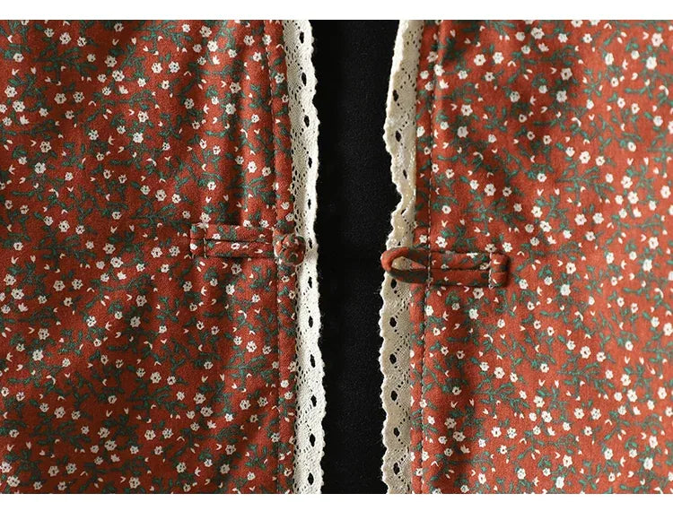 Retro Micro Floral Frog Button Padded Jacket