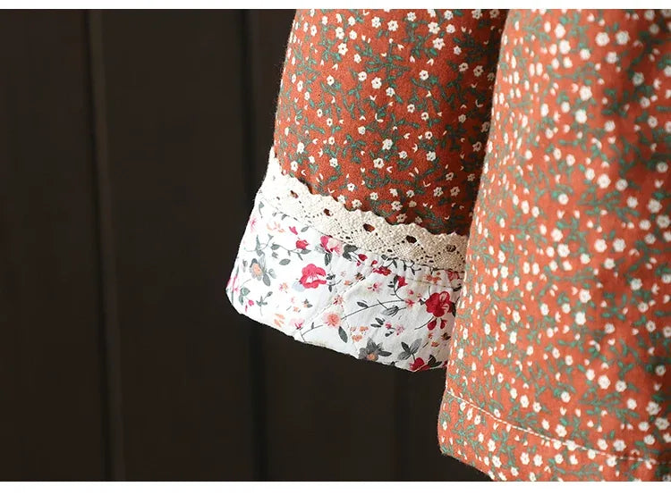Retro Micro Floral Frog Button Padded Jacket