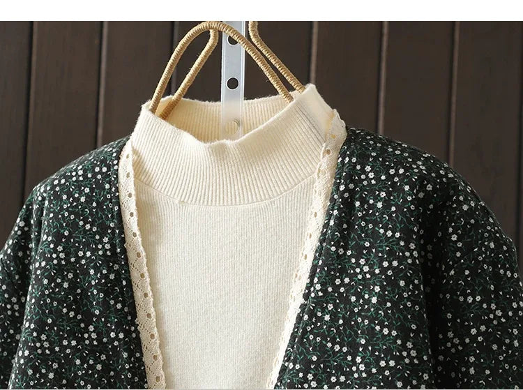 Retro Micro Floral Frog Button Padded Jacket
