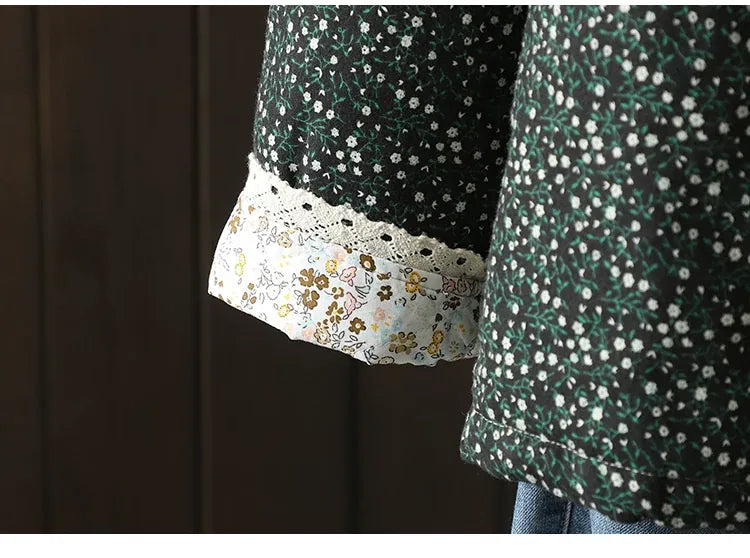 Retro Micro Floral Frog Button Padded Jacket