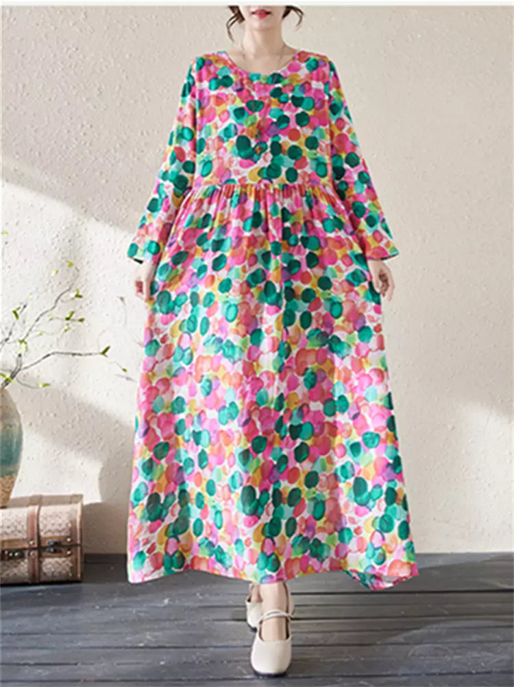 Retro O Neck Cotton Print Maxi Dress Long Sleeve