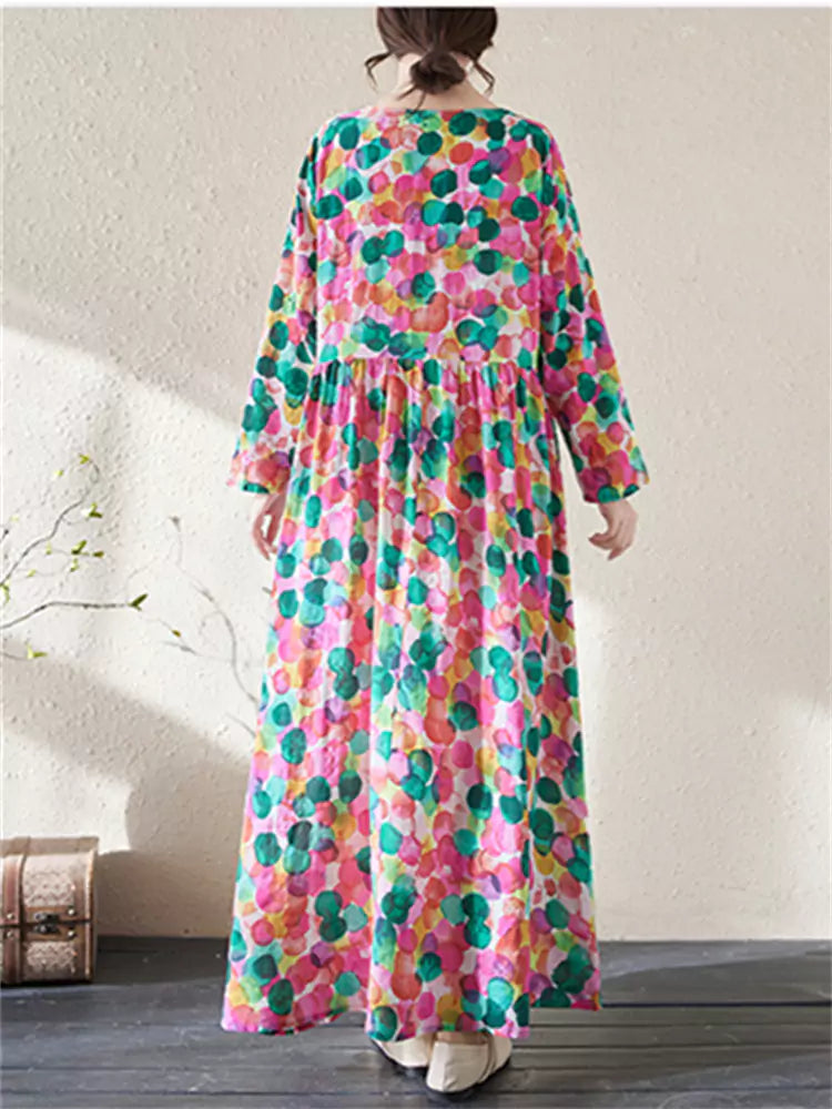 Retro O Neck Cotton Print Maxi Dress Long Sleeve