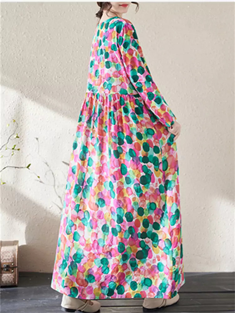 Retro O Neck Cotton Print Maxi Dress Long Sleeve