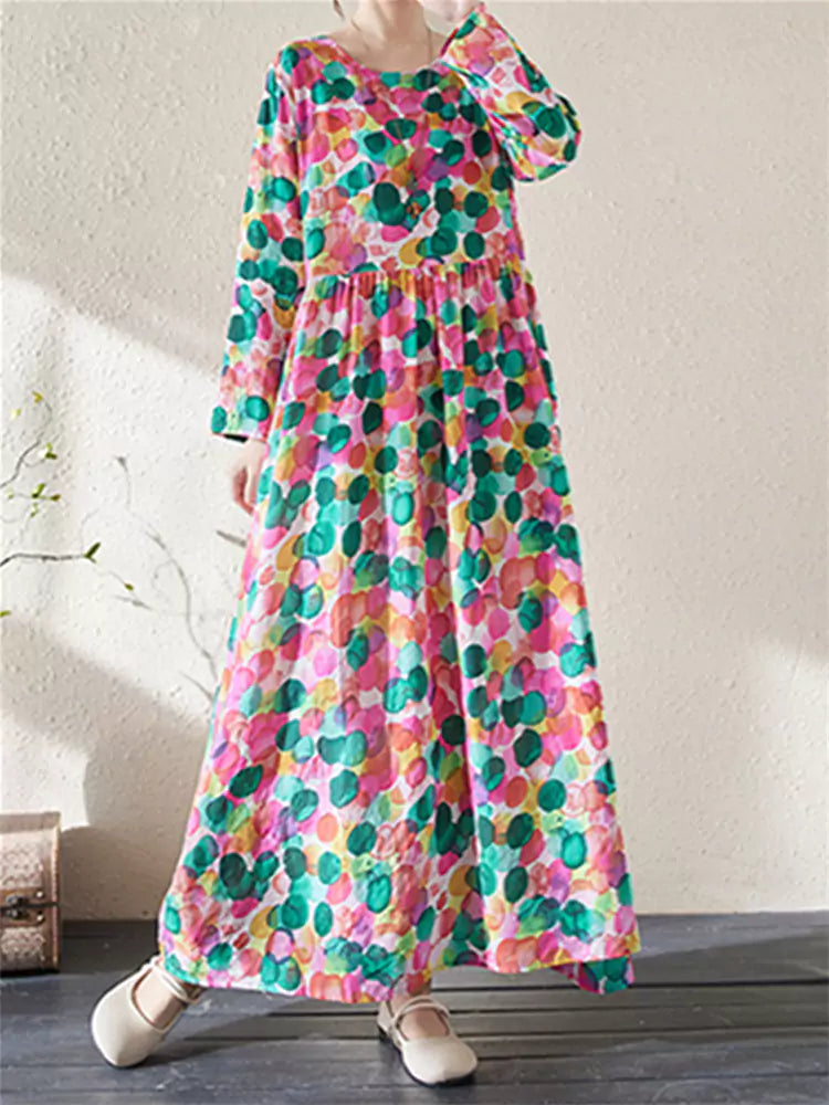 Retro O Neck Cotton Print Maxi Dress Long Sleeve