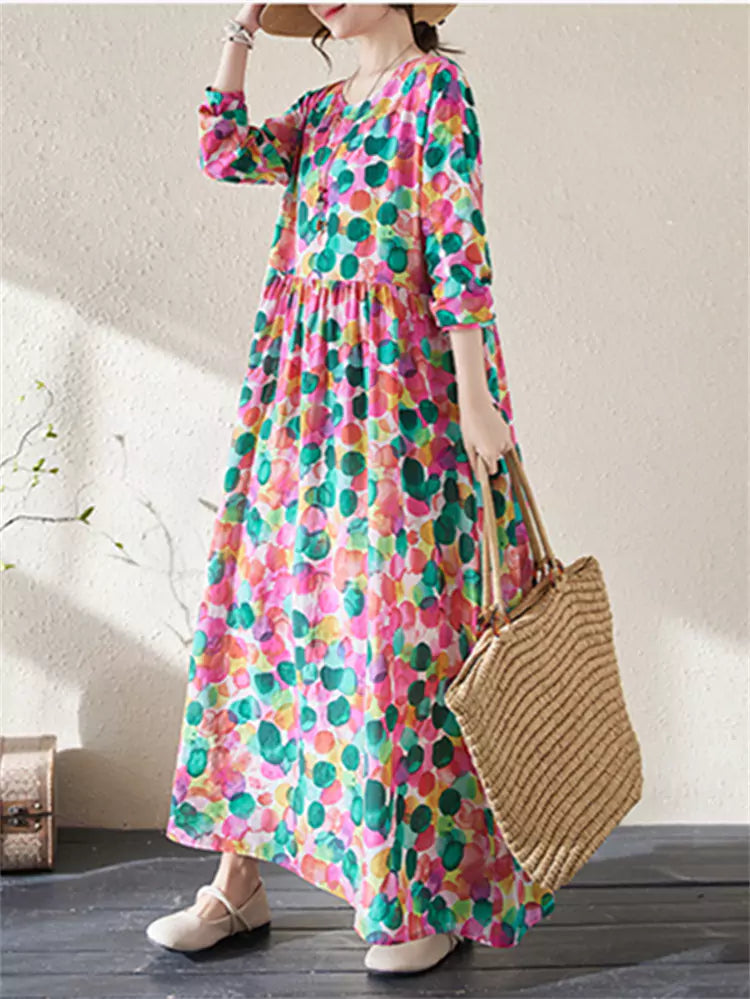 Retro O Neck Cotton Print Maxi Dress Long Sleeve