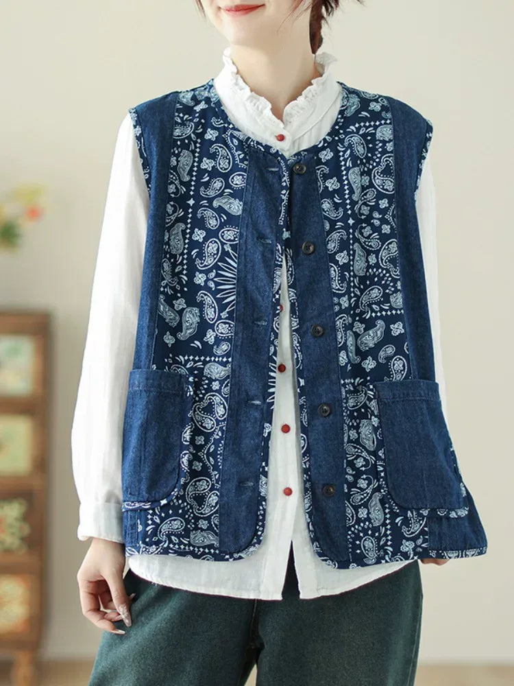 Retro Patchwork Paisley Button-Front Vest