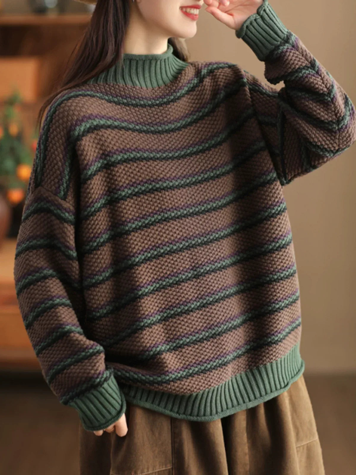 Retro Pineapple Knit Striped Mock Neck Pullover Sweater