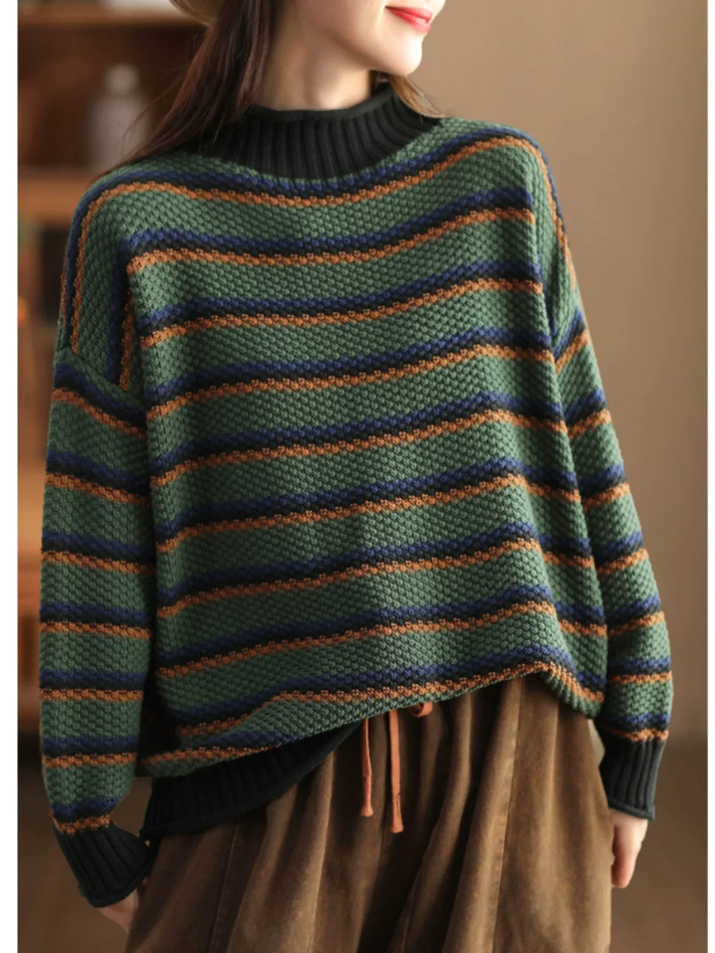 Retro Pineapple Knit Striped Mock Neck Pullover Sweater