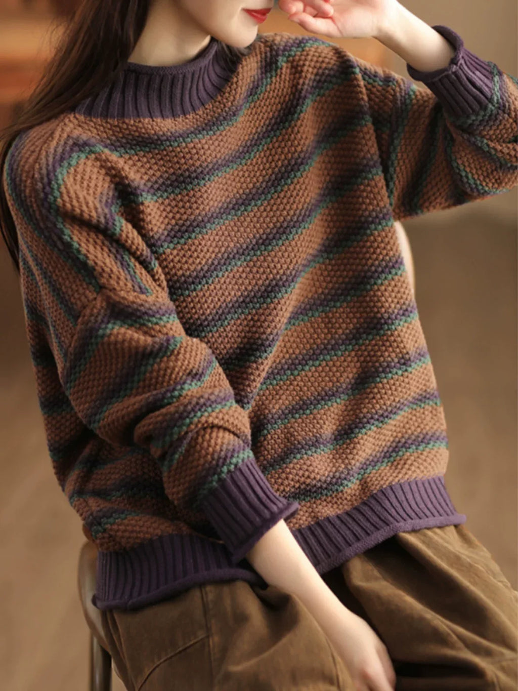Retro Pineapple Knit Striped Mock Neck Pullover Sweater