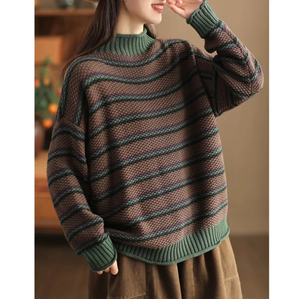 Retro Pineapple Knit Striped Mock Neck Pullover Sweater
