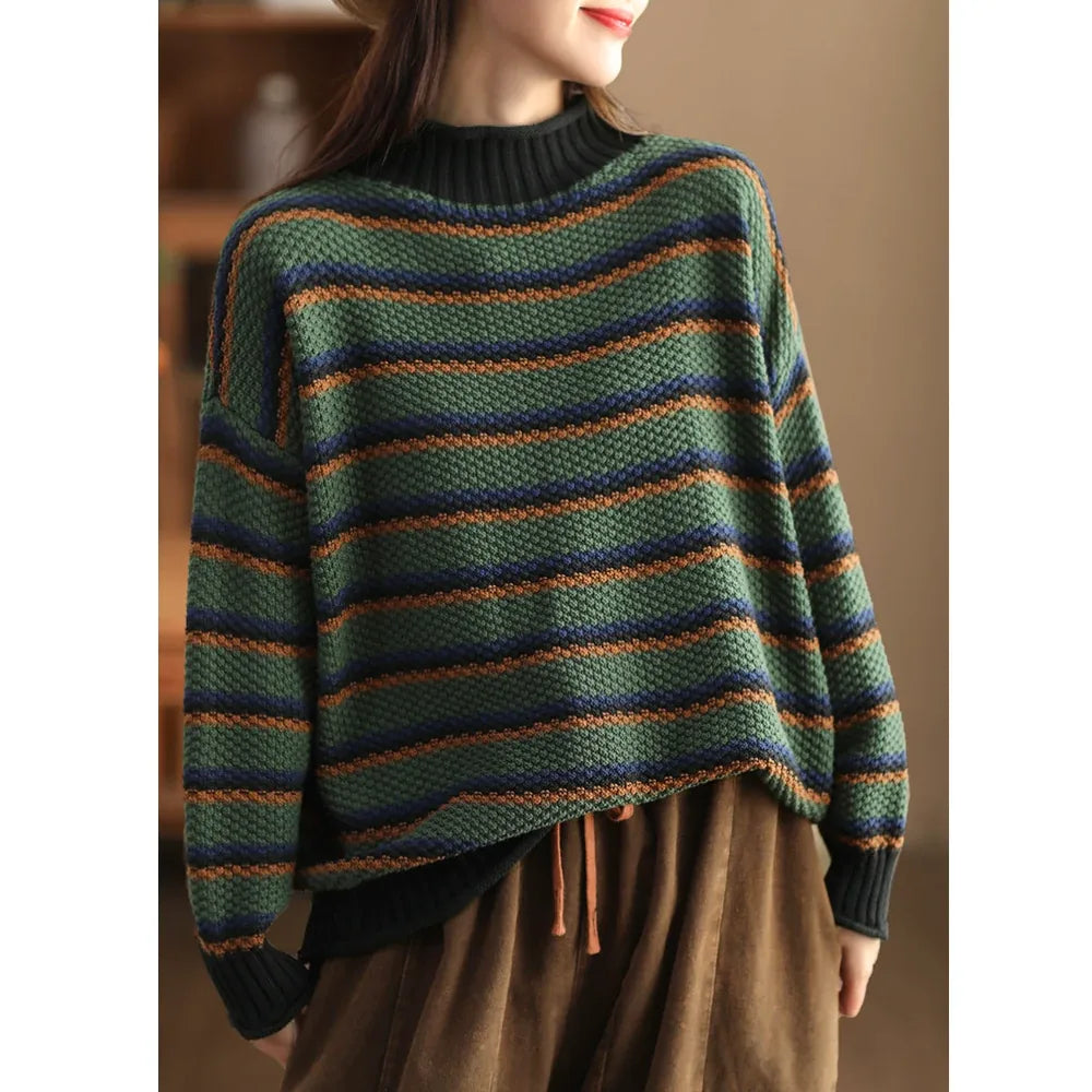 Retro Pineapple Knit Striped Mock Neck Pullover Sweater