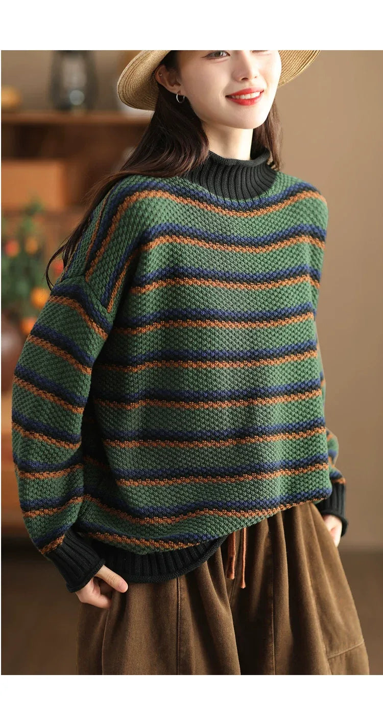 Retro Pineapple Knit Striped Mock Neck Pullover Sweater