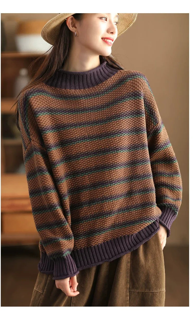 Retro Pineapple Knit Striped Mock Neck Pullover Sweater
