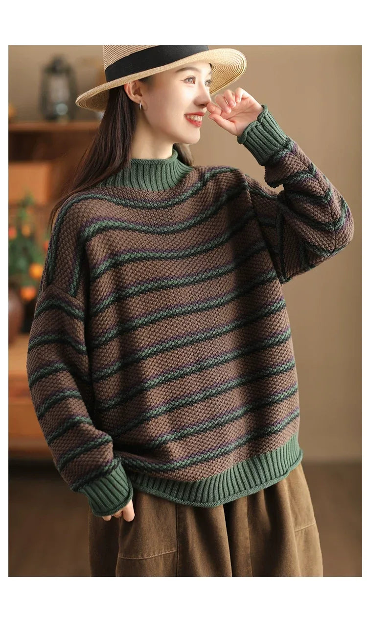 Retro Pineapple Knit Striped Mock Neck Pullover Sweater