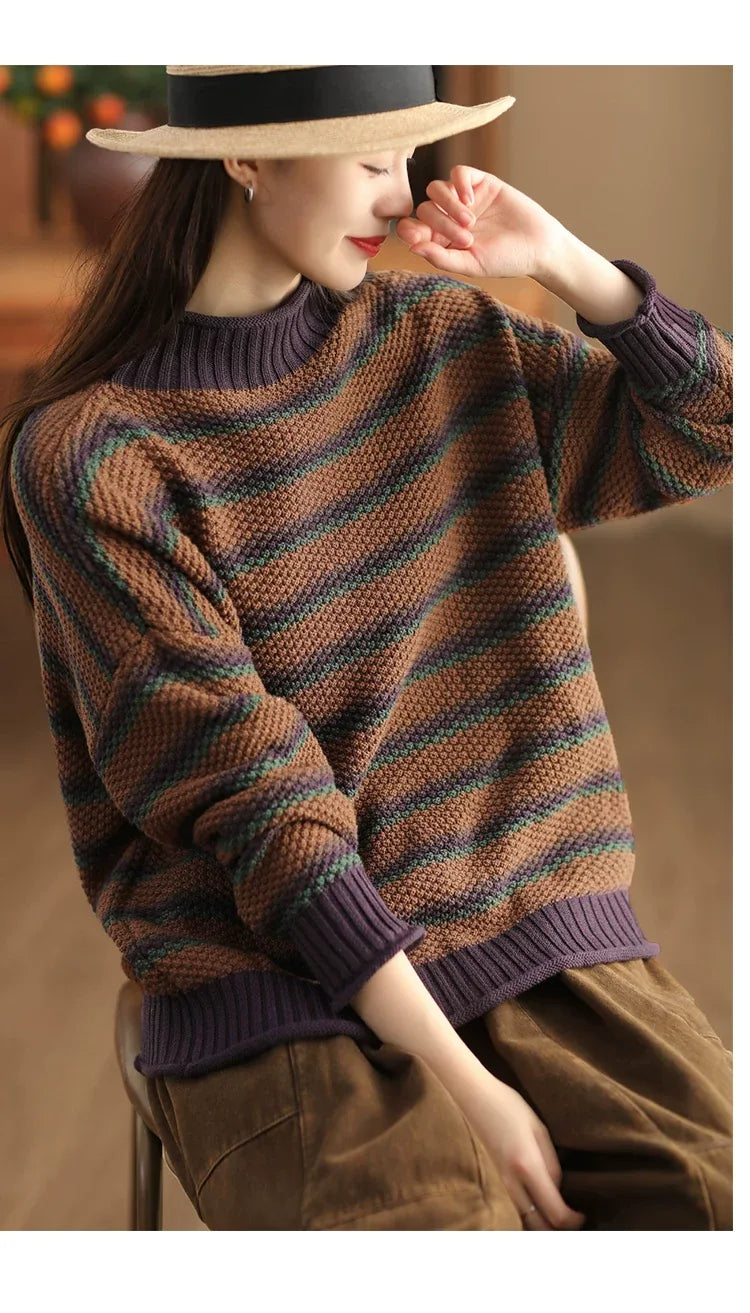 Retro Pineapple Knit Striped Mock Neck Pullover Sweater
