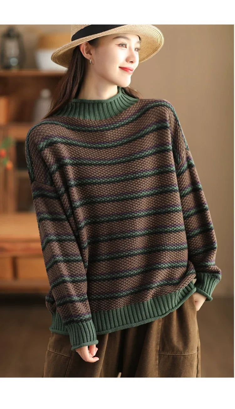 Retro Pineapple Knit Striped Mock Neck Pullover Sweater