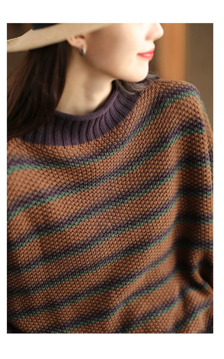 Retro Pineapple Knit Striped Mock Neck Pullover Sweater
