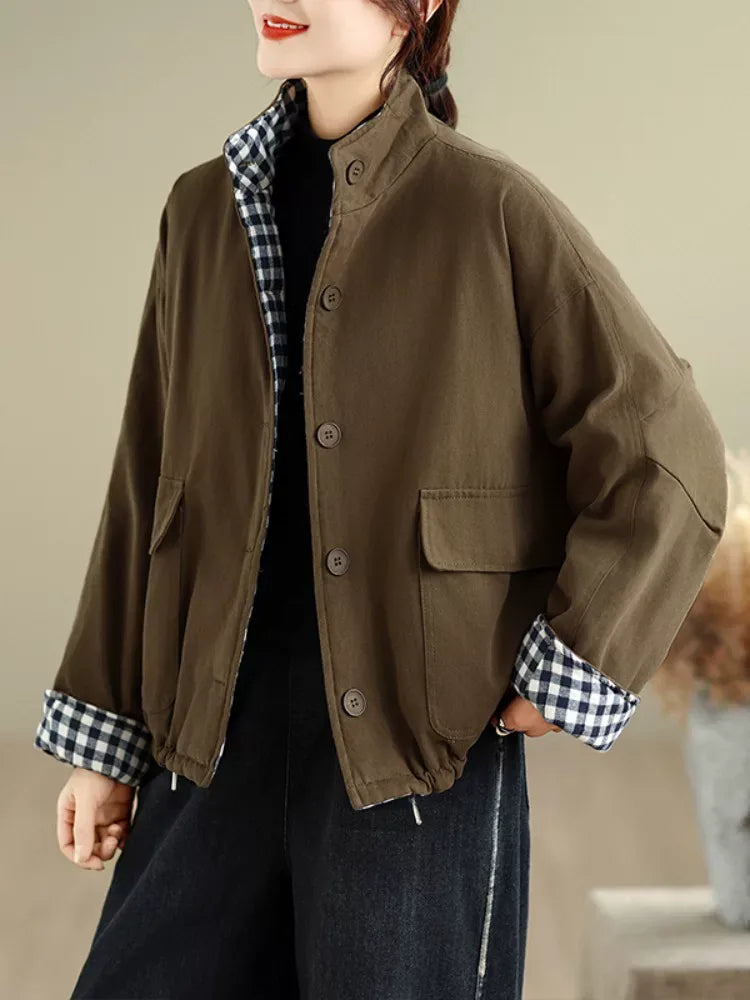 Retro Plaid Lined Stand Collar Padded Jacket