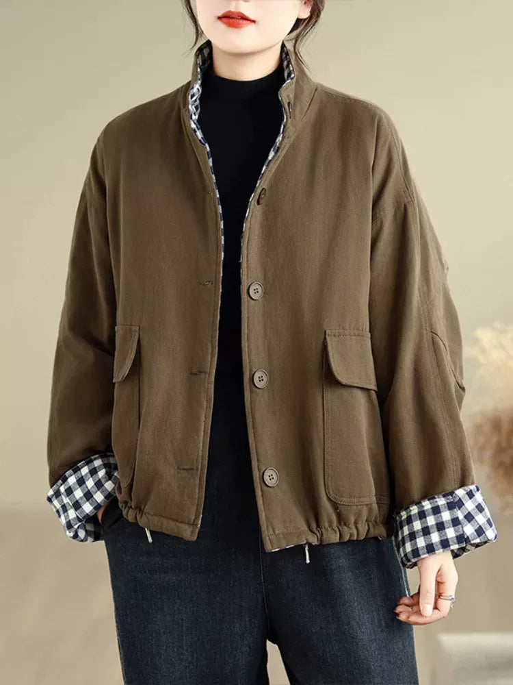 Retro Plaid Lined Stand Collar Padded Jacket
