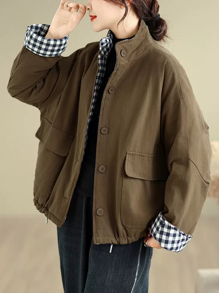 Retro Plaid Lined Stand Collar Padded Jacket