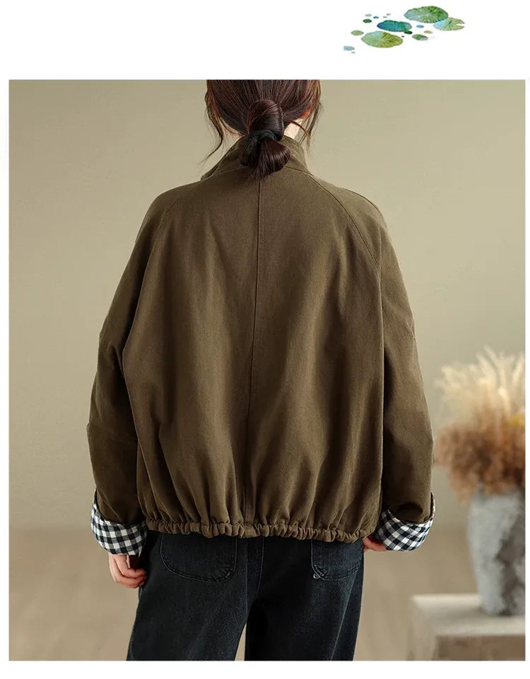 Retro Plaid Lined Stand Collar Padded Jacket
