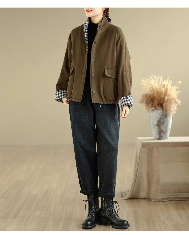 Retro Plaid Lined Stand Collar Padded Jacket