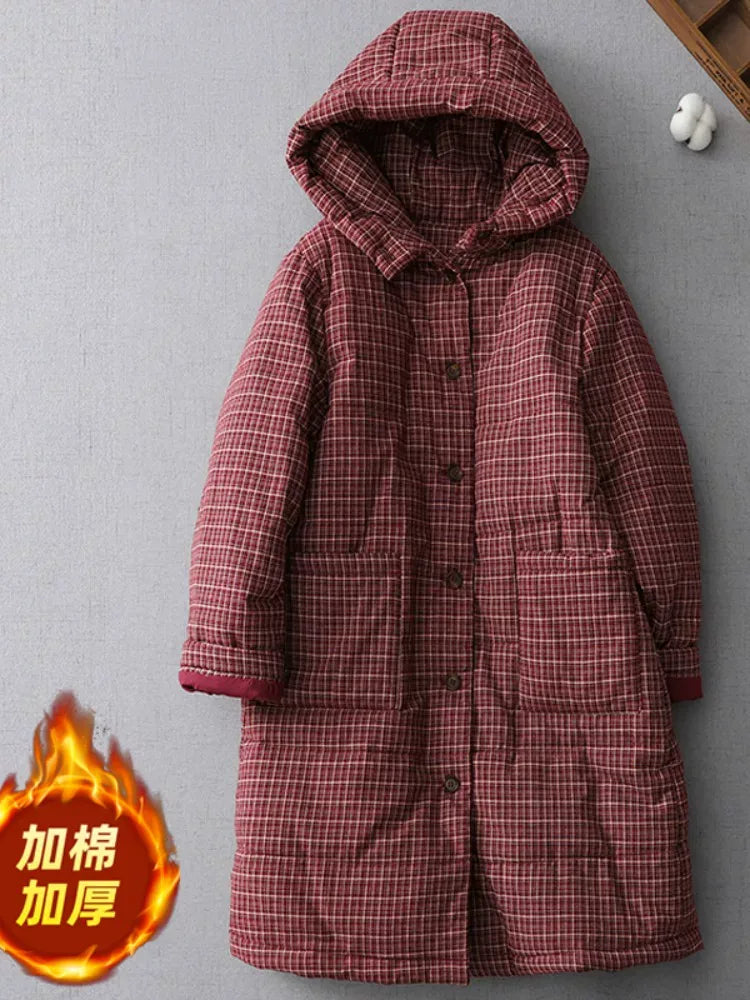 Retro Plaid Quilted Hooded Padded Coat