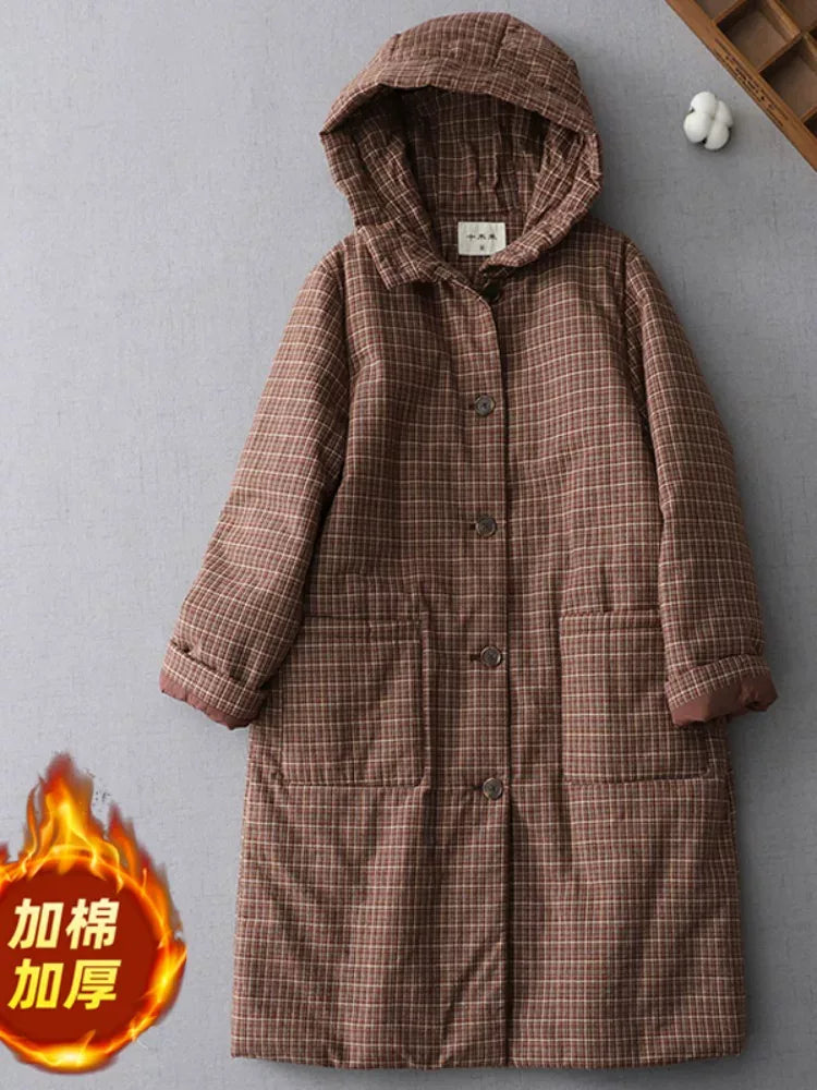 Retro Plaid Quilted Hooded Padded Coat