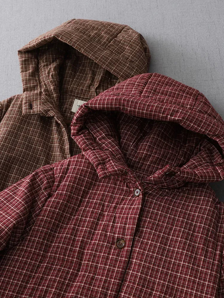 Retro Plaid Quilted Hooded Padded Coat