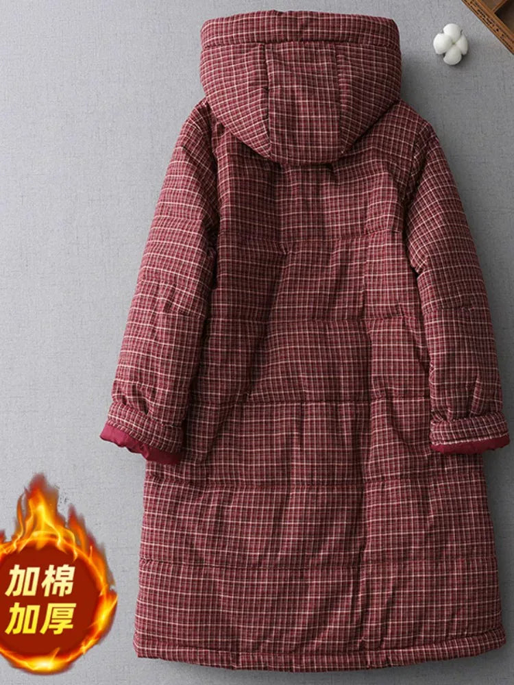 Retro Plaid Quilted Hooded Padded Coat