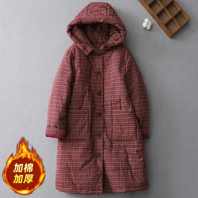 Retro Plaid Quilted Hooded Padded Coat