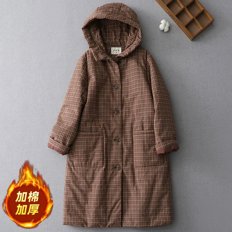 Retro Plaid Quilted Hooded Padded Coat
