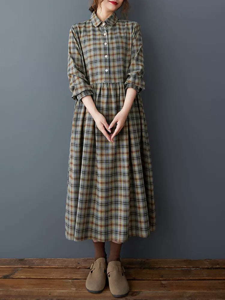 Retro Plaid Shirt Collar Long Sleeve Maxi Dress