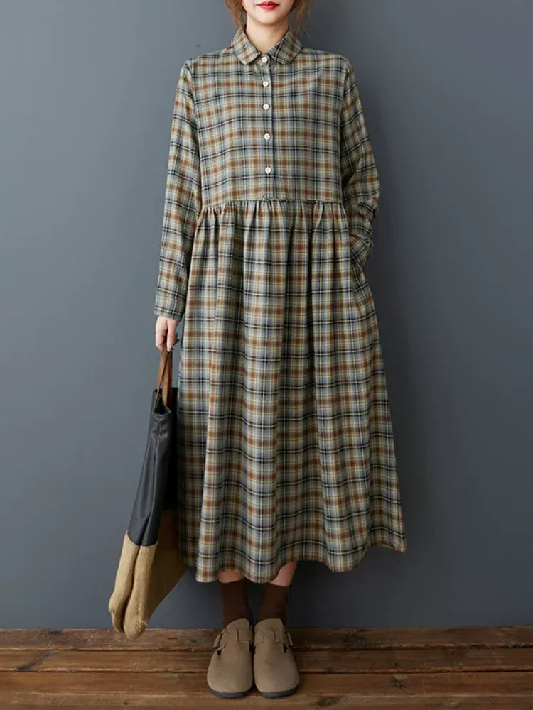 Retro Plaid Shirt Collar Long Sleeve Maxi Dress