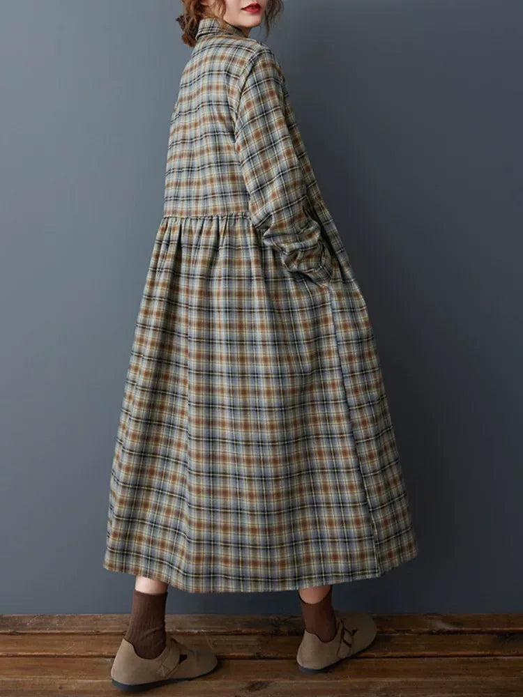 Retro Plaid Shirt Collar Long Sleeve Maxi Dress