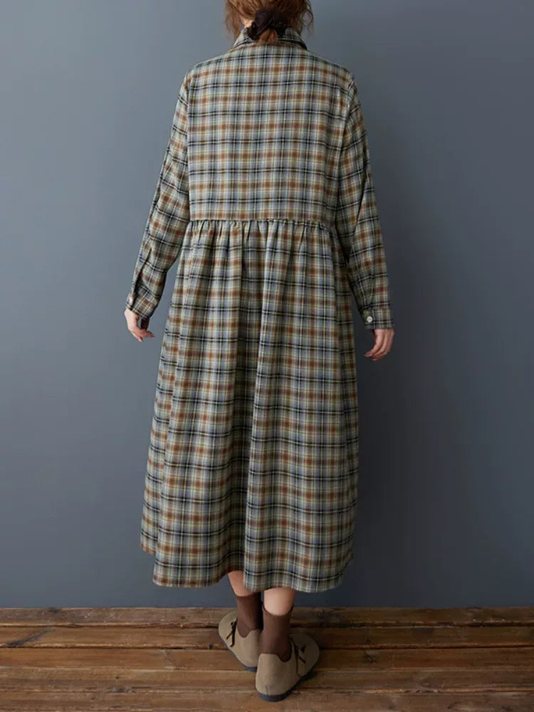 Retro Plaid Shirt Collar Long Sleeve Maxi Dress