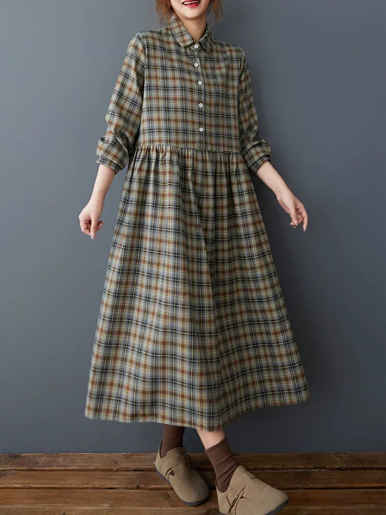 Retro Plaid Shirt Collar Long Sleeve Maxi Dress