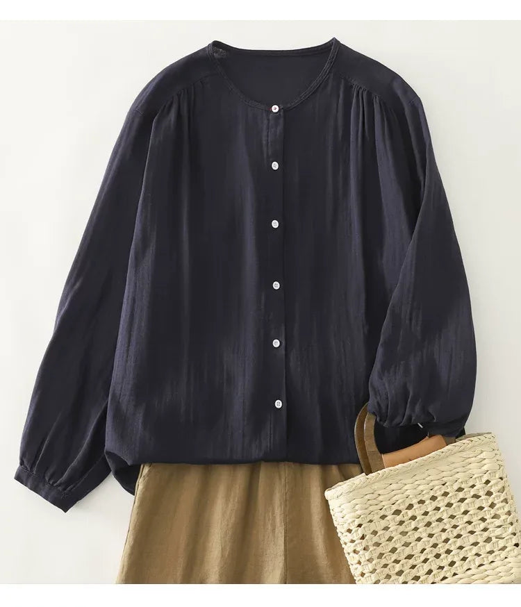 Retro Puff Sleeve Gathered Shoulder Double-Layer Gauze Shirt