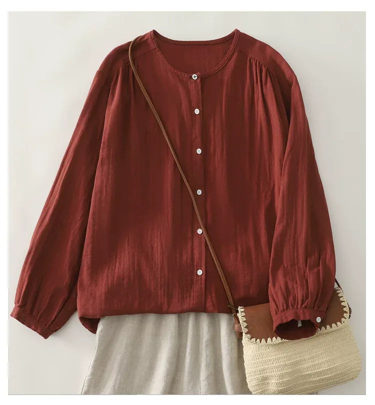 Retro Puff Sleeve Gathered Shoulder Double-Layer Gauze Shirt