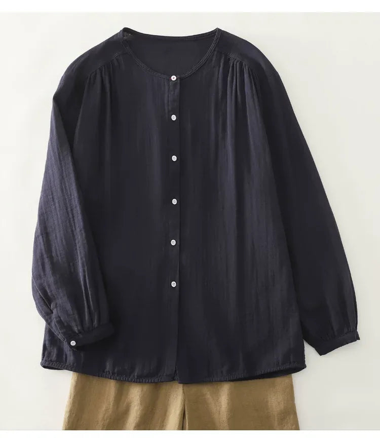 Retro Puff Sleeve Gathered Shoulder Double-Layer Gauze Shirt