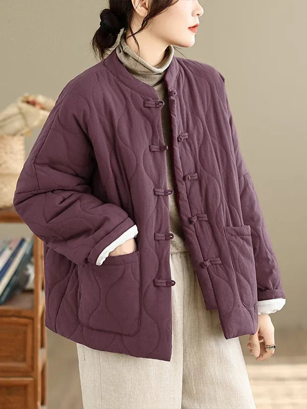 Retro Quilted Padded Jacket with Mandarin Collar and Frog Buttons