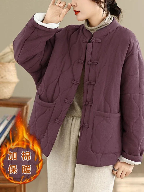 Retro Quilted Padded Jacket with Mandarin Collar and Frog Buttons
