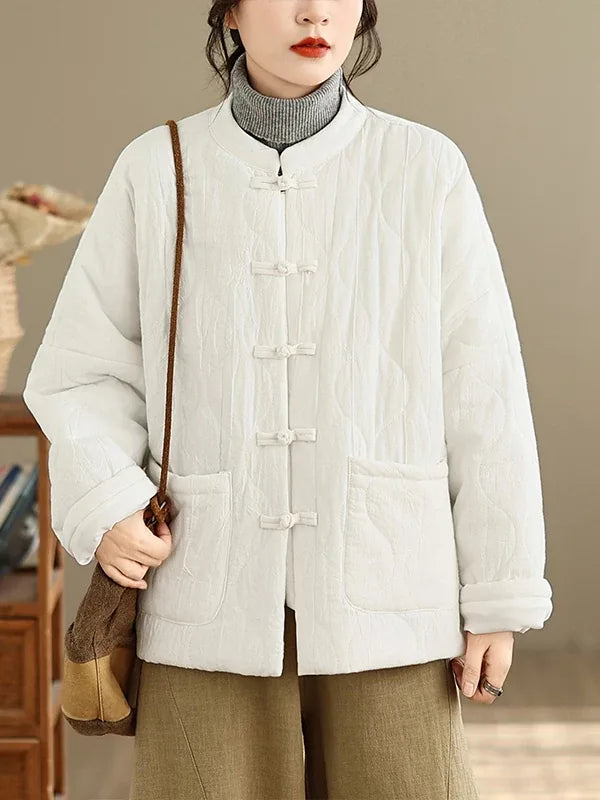 Retro Quilted Padded Jacket with Mandarin Collar and Frog Buttons