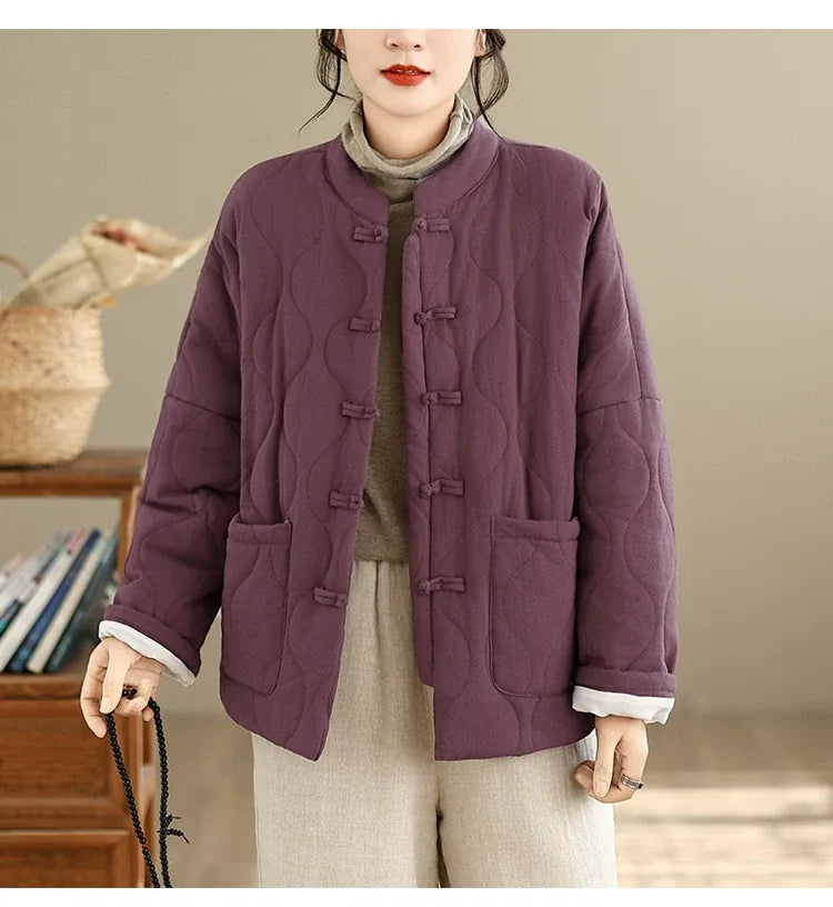 Retro Quilted Padded Jacket with Mandarin Collar and Frog Buttons