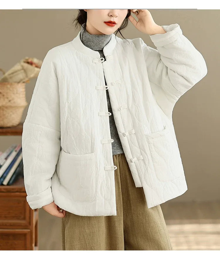 Retro Quilted Padded Jacket with Mandarin Collar and Frog Buttons