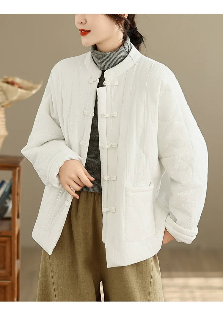 Retro Quilted Padded Jacket with Mandarin Collar and Frog Buttons